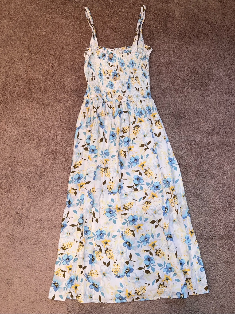 Smocked White Floral Maxi Dress with Blue & Yellow Blooms